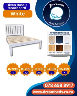 Pine Divan Base &#43; Headboard - Q - White - R3 999