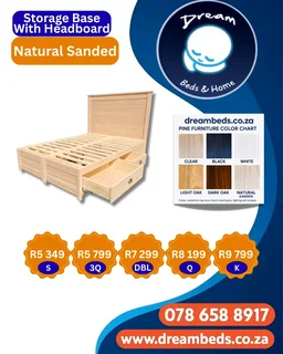 Solid Storage Base with Headboard - K - Natural Sanded - R9 799