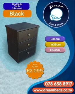 Wooden Bed Side Table - 3 Drawer - Black - R2 099