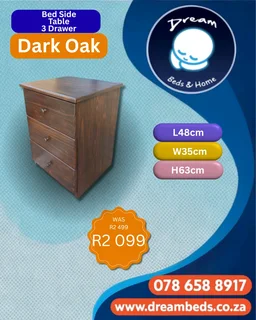 Wooden Bed Side Table - 3 Drawer - Dark Oak - R2 099