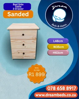 Wooden Bed Side Table - 3 Drawer - Sanded - R1 899