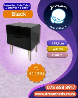 Retro Bed Side Table - 1 Drawer+ 1 Shelf - Black - R1 299