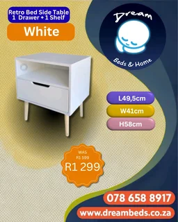 Retro Bed Side Table - 1 Drawer+ 1 Shelf - White - R1 299