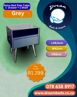 Retro Bed Side Table - 1 Drawer+ 1 Shelf - Grey - R1 299