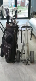 Pinseeker Golf Clubs, golf bag and golf trolley