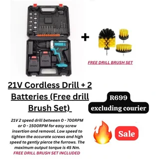 21v cordless Drill + 2 batteries (free drill brush set) on sale
