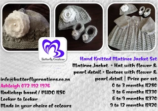 Crocheted and knitted baby dresses, jackets, jerseys, beanies, booties, blankets and more