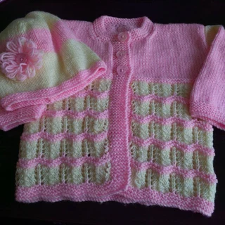 Crocheted and knitted baby dresses, jackets, jerseys, beanies, booties, blankets and more