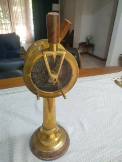 19 th century antique Novelty Nautical Lamp Solid Brass Ships Engine Room Telegraph w/Wood Base.