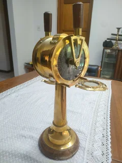 19 th century antique Novelty Nautical Lamp Solid Brass Ships Engine Room Telegraph w/Wood Base.