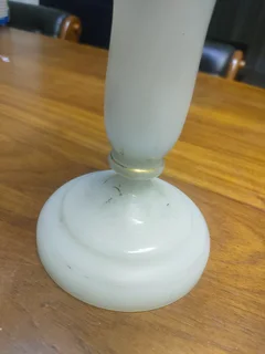 ANTIQUE MILK GLASS EPERGNE VASES, GOLD HAND PAINTED WITH BIDS.