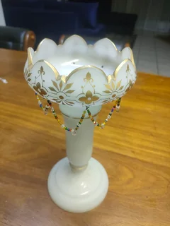 Antique Milk Glass Epergne Vases, Gold Hand Painted With Bids.