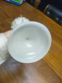 ANTIQUE MILK GLASS EPERGNE VASES, GOLD HAND PAINTED WITH BIDS.