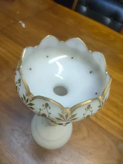 ANTIQUE MILK GLASS EPERGNE VASES, GOLD HAND PAINTED WITH BIDS.