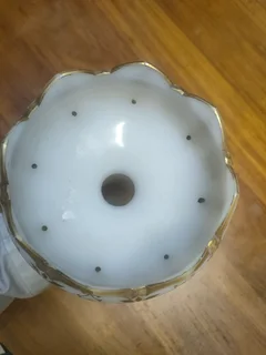 ANTIQUE MILK GLASS EPERGNE VASES, GOLD HAND PAINTED WITH BIDS.