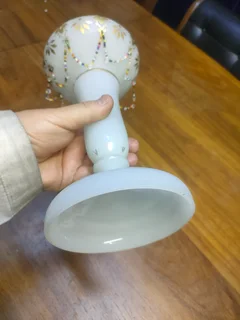 ANTIQUE MILK GLASS EPERGNE VASES, GOLD HAND PAINTED WITH BIDS.