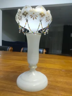 ANTIQUE MILK GLASS EPERGNE VASES, GOLD HAND PAINTED WITH BIDS.