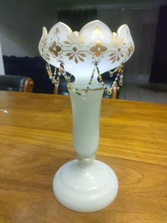 ANTIQUE MILK GLASS EPERGNE VASES, GOLD HAND PAINTED WITH BIDS.