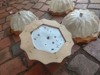 4 x antique 1970&#39;s Old Bubble Glass Ceiling Light &#43; Vintage Wood flora shape.