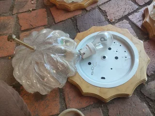 4 x antique 1970&#39;s Old Bubble Glass Ceiling Light &#43; Vintage Wood flora shape.