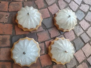 4 x antique 1970&#39;s Old Bubble Glass Ceiling Light &#43; Vintage Wood flora shape.