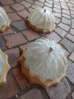 4 x antique 1970&#39;s Old Bubble Glass Ceiling Light &#43; Vintage Wood flora shape.