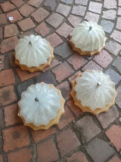 4 x antique 1970's Old Bubble Glass Ceiling Light + Vintage Wood flora shape.