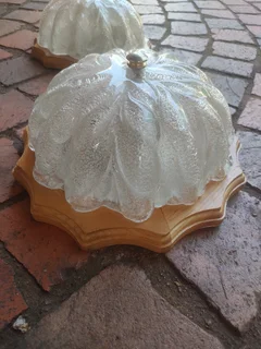 4 x antique 1970&#39;s Old Bubble Glass Ceiling Light &#43; Vintage Wood flora shape.