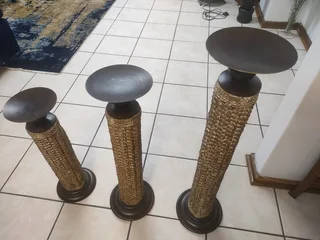 Antique large set of 3 candles holders in wrought iron Base.