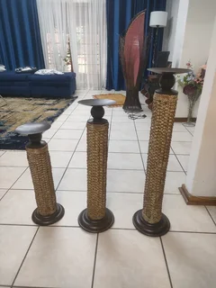 Antique large set of 3 candles holders in wrought iron Base.