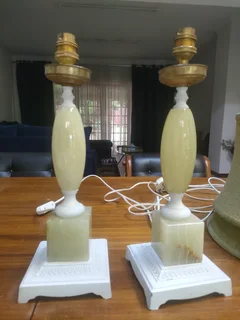 2x Antique marble stone and brass lamp