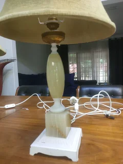 2x Antique marble stone and brass lamp