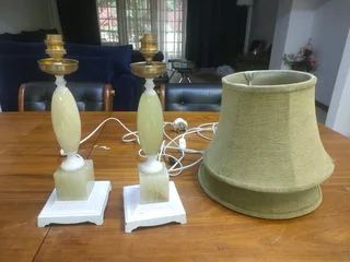 2x Antique marble stone and brass lamp