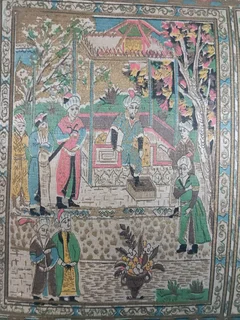 Antique figural Isfahan Persian rug with a hunting scene design.