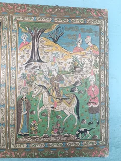 Antique figural Isfahan Persian rug with a hunting scene design.