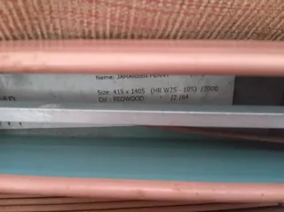 Narrow strip wood venetian blinds.Redwood wood effect two available in excellent condition.