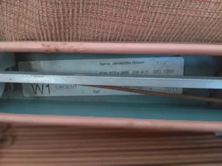 Narrow strip wood venetian blinds.Redwood wood effect two available in excellent condition.