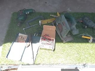 Job lot of used and working tools in case including Bosch circular saw and bench drills etc etc