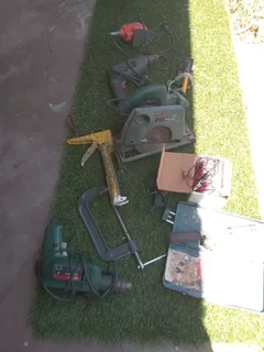 Job lot of used and working tools in case including Bosch circular saw and bench drills etc etc