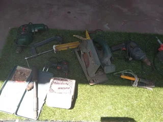 Job lot of used and working tools in case including Bosch circular saw and bench drills etc etc