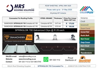 Springlok 700 or Diamondek 407 Clip Lock roof sheeting supplier. Fasteners, Insulation, Flashing