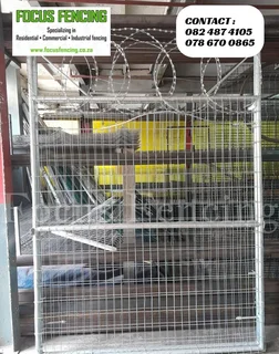 Hot Dipped Galvanized Swing Gate with Wire Mesh &amp; Razor Wire - For Sale