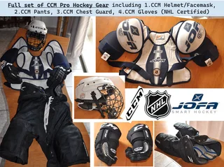 Full set of CCM Pro Hockey Gear including CCM Helmet/Facemask, CCM Pants, CCM Chest Guard, CCM Glove