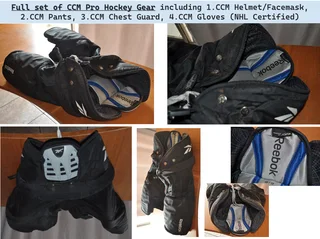 Full set of CCM Pro Hockey Gear including CCM Helmet/Facemask, CCM Pants, CCM Chest Guard, CCM Glove