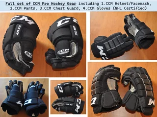 Full set of CCM Pro Hockey Gear including CCM Helmet/Facemask, CCM Pants, CCM Chest Guard, CCM Glove
