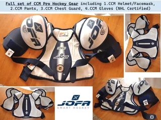 Full set of CCM Pro Hockey Gear including CCM Helmet/Facemask, CCM Pants, CCM Chest Guard, CCM Glove