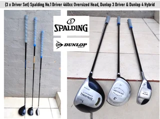 (3 x Driver Set) Spalding No.1 Driver 460cc Oversized Head, Dunlop 3 Driver &amp; Dunlop 4 Hybrid