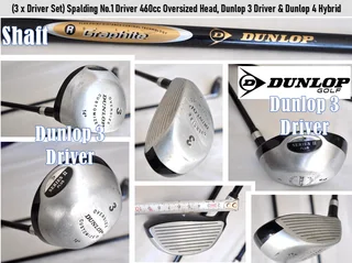 (3 x Driver Set) Spalding No.1 Driver 460cc Oversized Head, Dunlop 3 Driver &amp; Dunlop 4 Hybrid