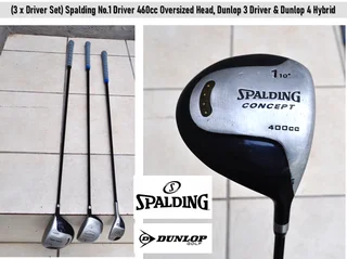 (3 x Driver Set) Spalding No.1 Driver 460cc Oversized Head, Dunlop 3 Driver &amp; Dunlop 4 Hybrid