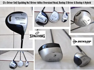 (3 x Driver Set) Spalding No.1 Driver 460cc Oversized Head, Dunlop 3 Driver &amp; Dunlop 4 Hybrid
